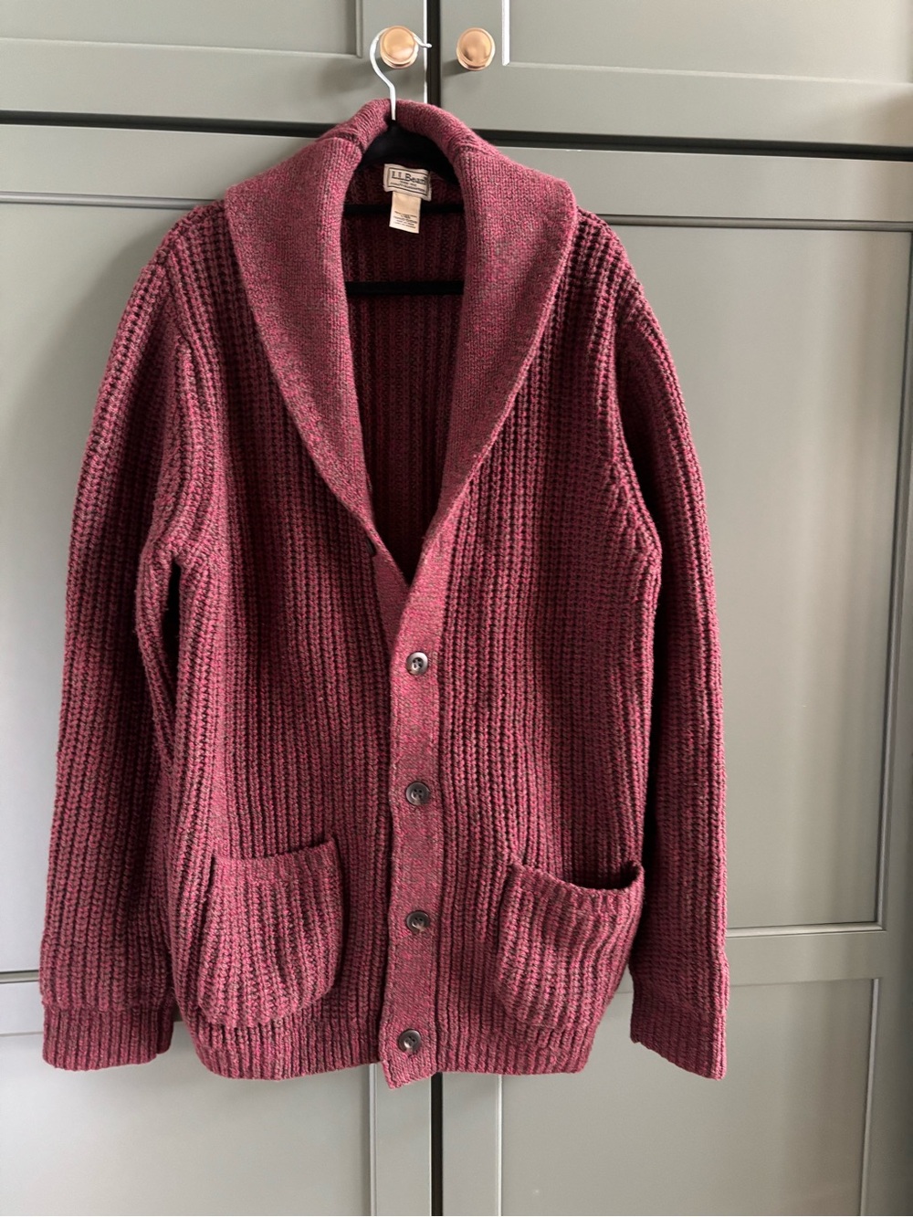 Men’s L.L. Bean Classic Ragg Wool Cardigan Sweater Lambswool Burgundy Grandpa, L